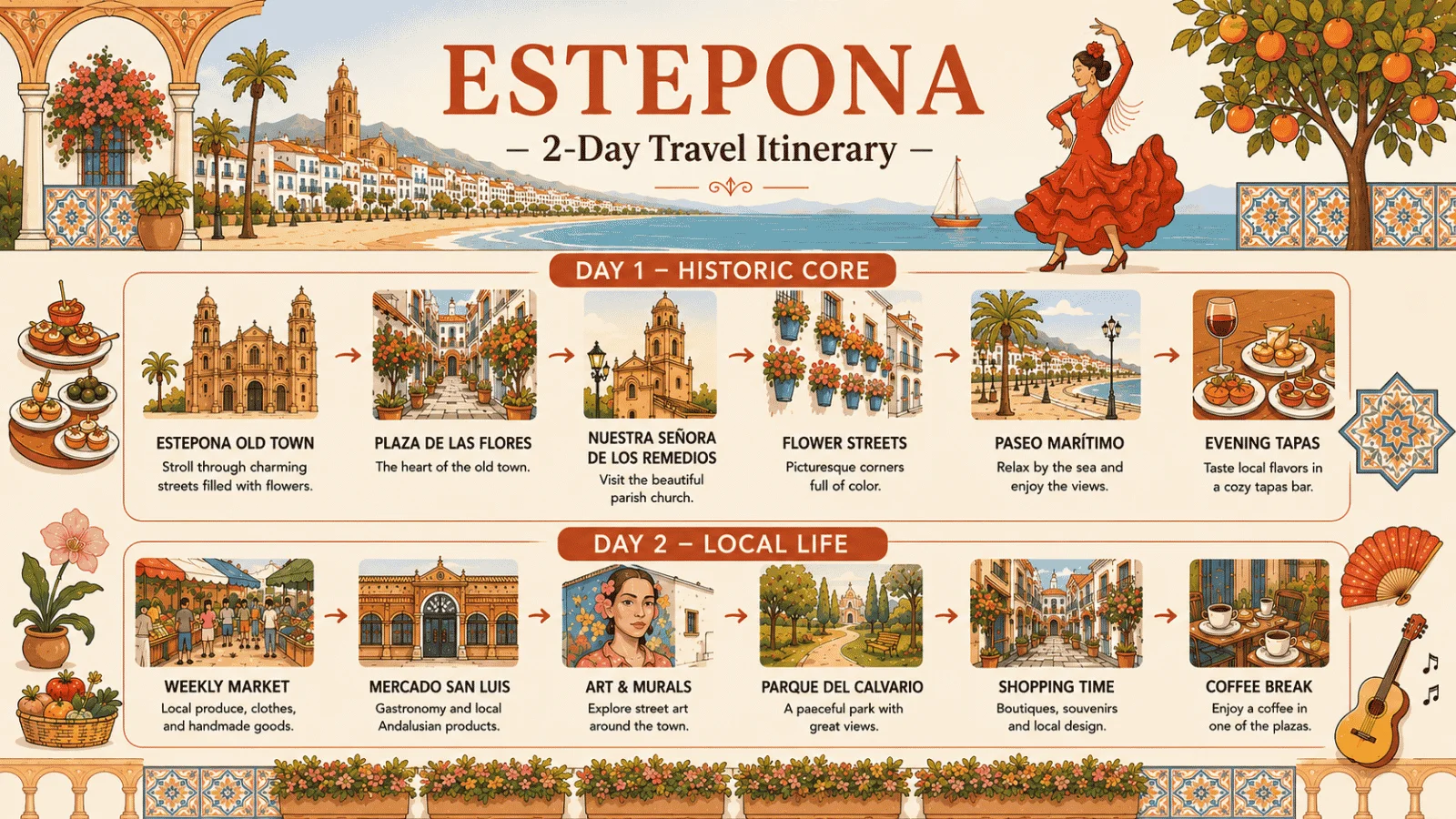 A 2-day Estepona itinerary featuring the Old Town, beaches, murals, local markets and the best places for tapas.