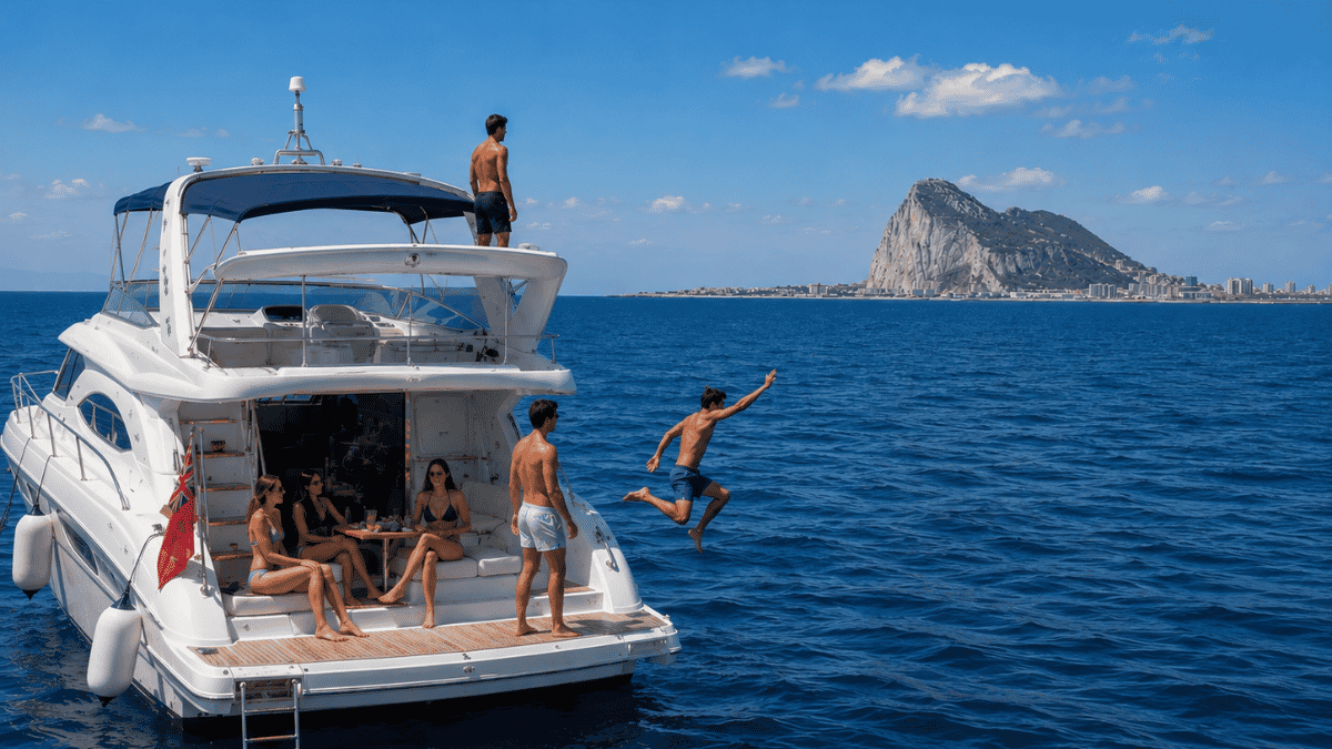 People relaxing on a yacht in the open sea near Gibraltar